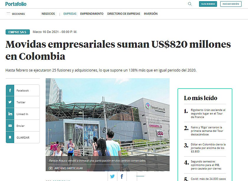 Movidas empresariales suman US$820 millones en Colombia